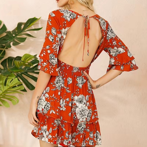 Women Boho Dress Medium M Orange White Floral Hem Ruffled Backless Elastic Waist - Picture 3 of 16